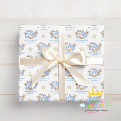 Gift wrapped in the personalised Father's Day teddy bear wrapping paper, ready to give to Dad.