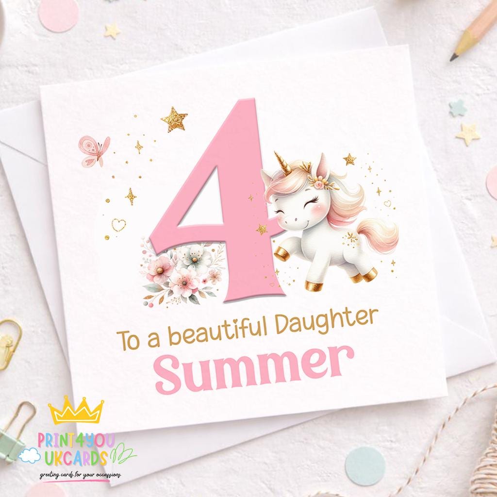 Square personalised birthday card featuring a pink and gold unicorn surrounded by floral illustrations