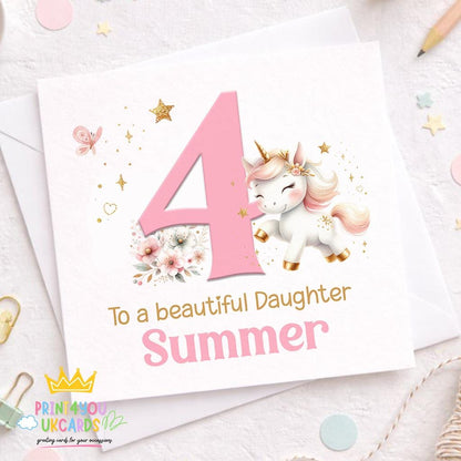 Square personalised birthday card featuring a pink and gold unicorn surrounded by floral illustrations