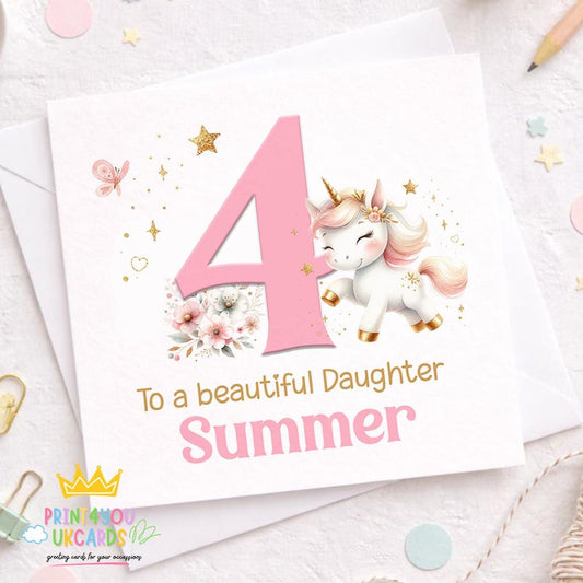 Square personalised birthday card featuring a pink and gold unicorn surrounded by floral illustrations