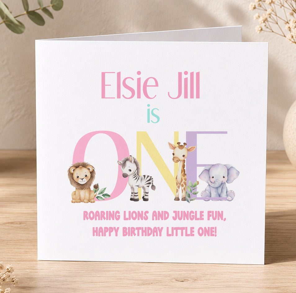 Square personalised safari birthday card illustrated with lions, zebras and elephants in pastel colours, with the recipient's name and age printed on the front.