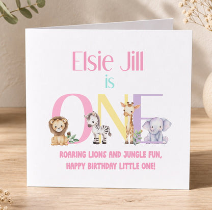 Square personalised safari birthday card illustrated with lions, zebras and elephants in pastel colours, with the recipient's name and age printed on the front.