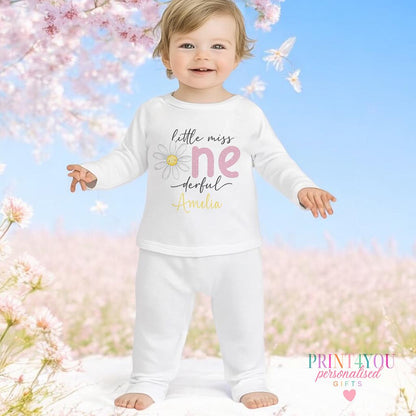 Personalised Little Miss One-derful daisy long sleeved vest, custom printed with baby girl's name for her first birthday.