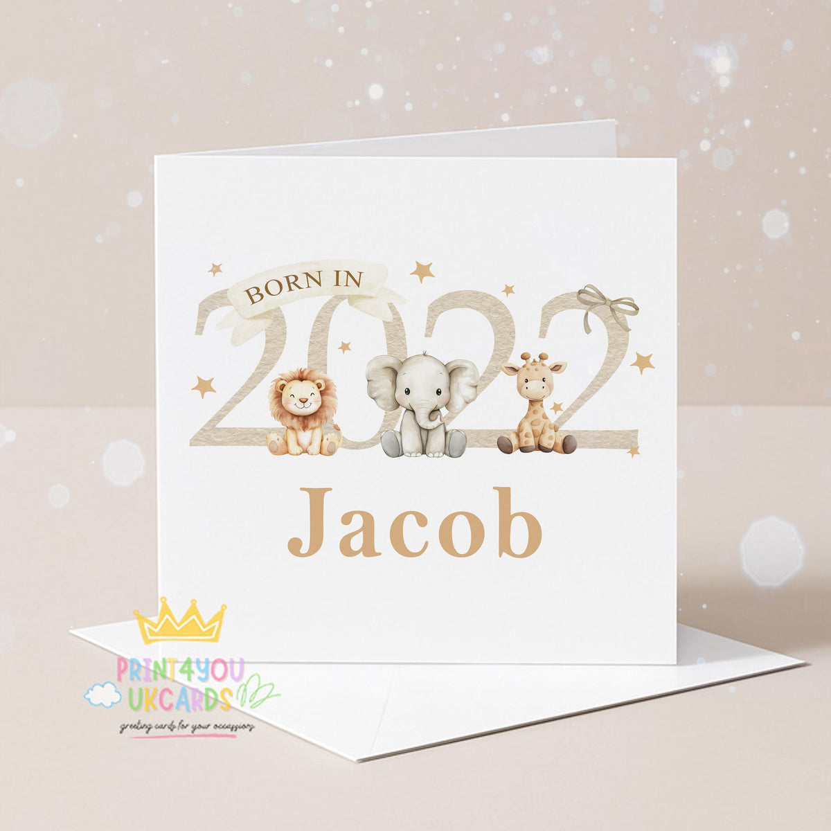 Square newborn baby card shown at an angle to display the beige safari animal design and card stock.
