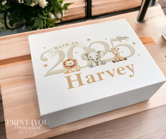 White magnetic personalised keepsake box featuring safari animal artwork, personalised with a baby's name
