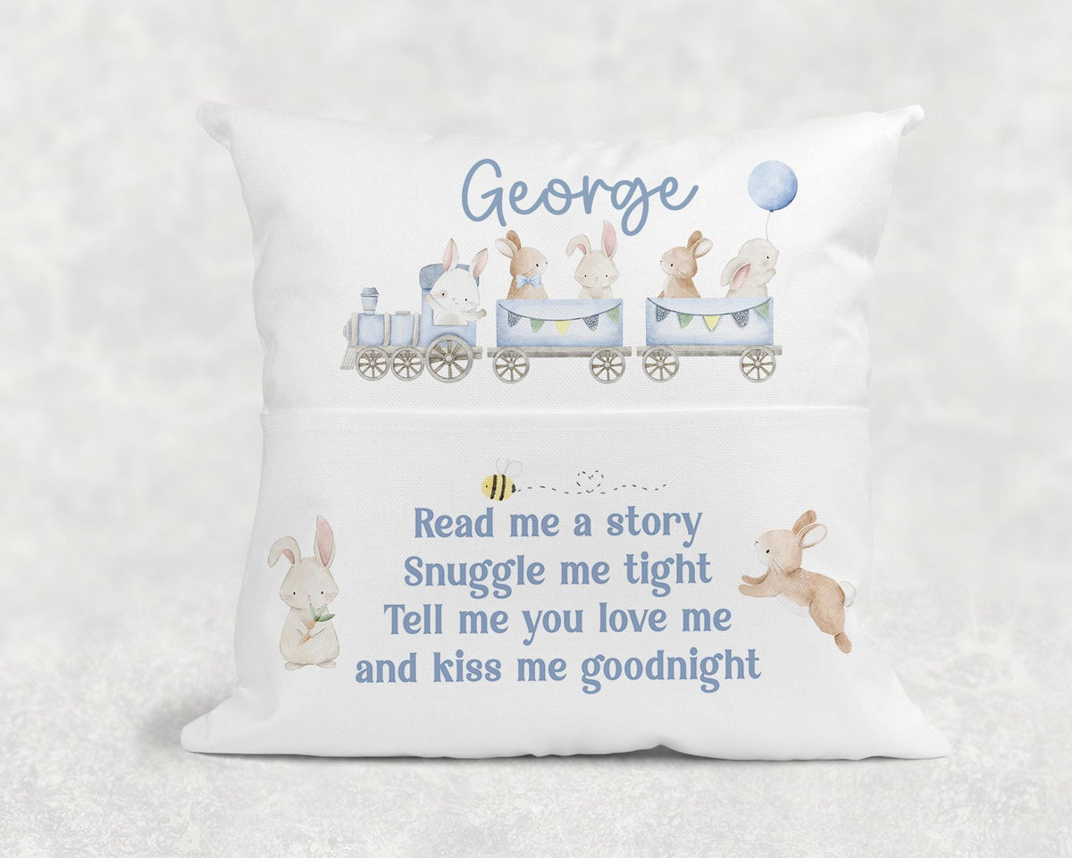 Personalised bunny book cushion, front view with bunny artwork