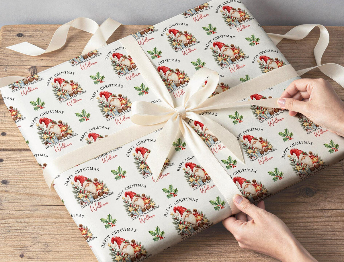 Sheets of the personalised gnome Christmas wrapping paper