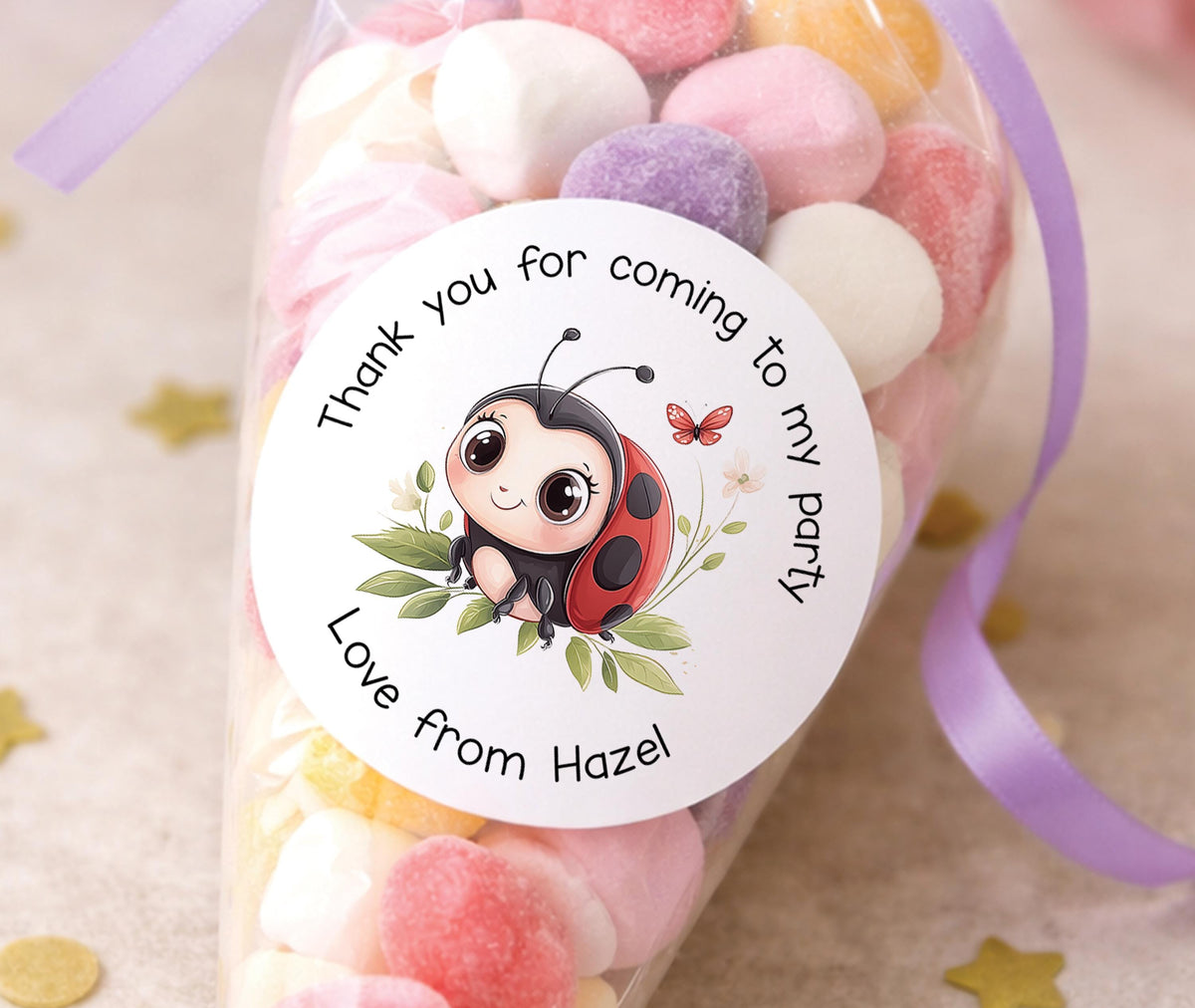 Personalised round ladybird stickers printed with a child's name, showing a birthday-themed design for party bags and favours.