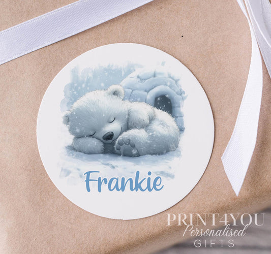Personalised Christmas Stickers – Glossy Finish Labels – Polar Bear Xmas Gift & Party Bag Tags - Strips (5cm each)