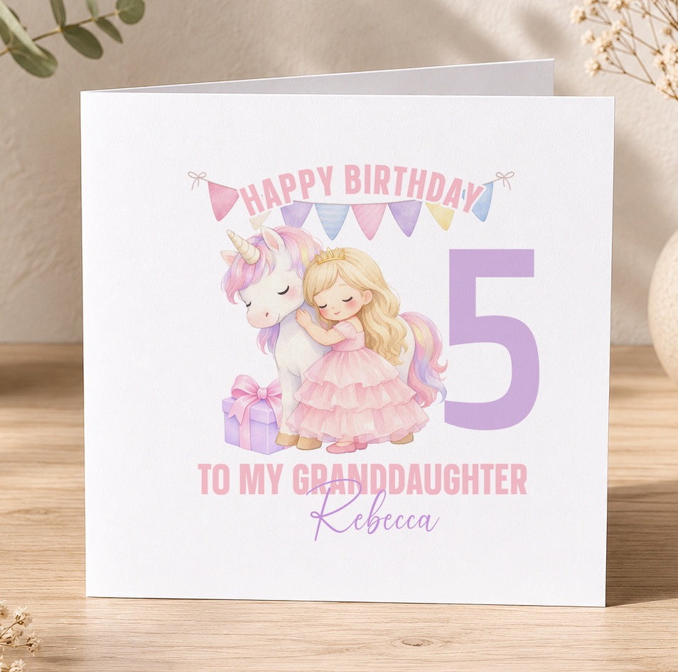 Square birthday card featuring a unicorn and a young girl, personalised with the example text 'Happy Birthday 5 to my Granddaughter Rebecca'.