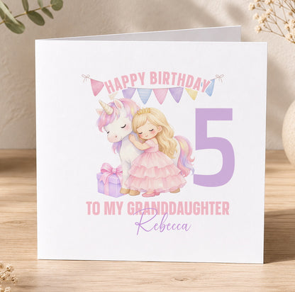 Square birthday card featuring a unicorn and a young girl, personalised with the example text 'Happy Birthday 5 to my Granddaughter Rebecca'.