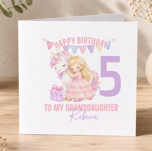Square birthday card featuring a unicorn and a young girl, personalised with the example text 'Happy Birthday 5 to my Granddaughter Rebecca'.