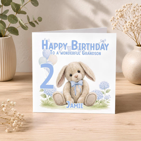 2nd birthday card front design featuring a blue bunny illustration, personalised with the child's name, age and relation.