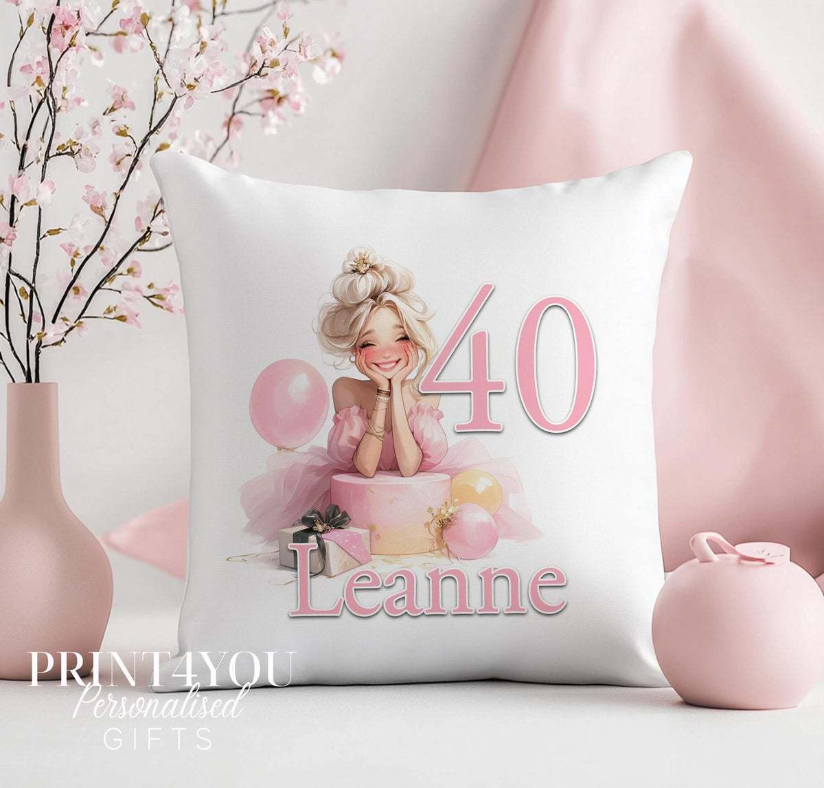 Personalised birthday cushion cover printed with the child's name and age, shown against a plain background