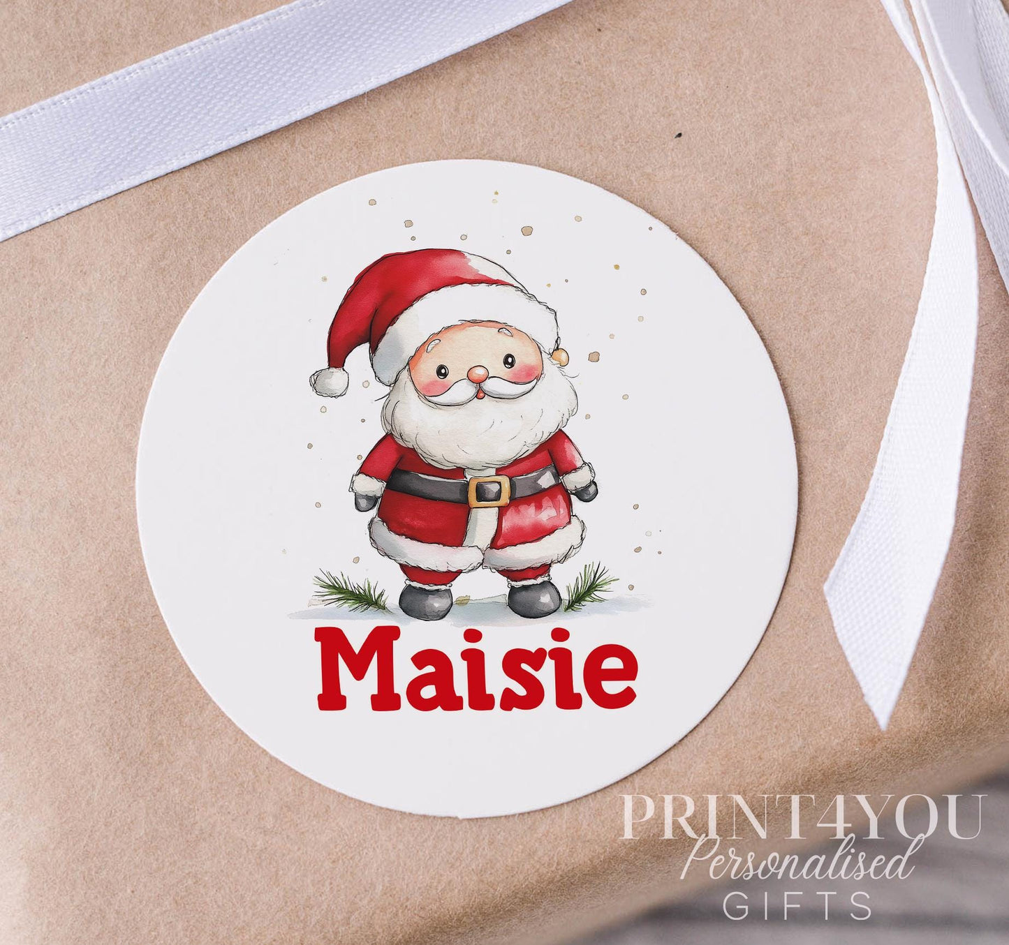 Personalised classic white Christmas sticker with custom name, glossy round gift label strip