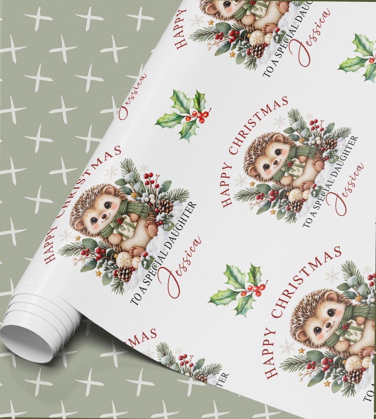 Rolled sheet of personalised hedgehog Christmas wrapping paper printed with a name and relation