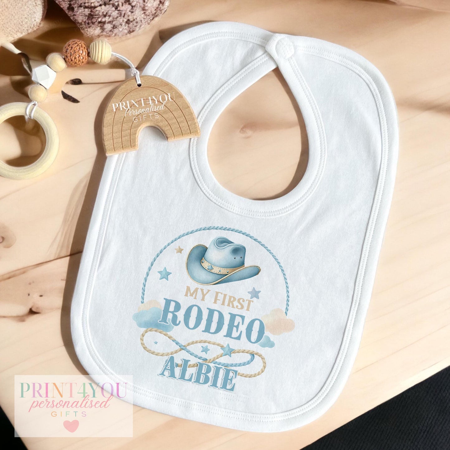 Personalised Baby Cowboy Outfit – Blue Cowboy Hat Vest & Sleepsuit Set | First Birthday Gift