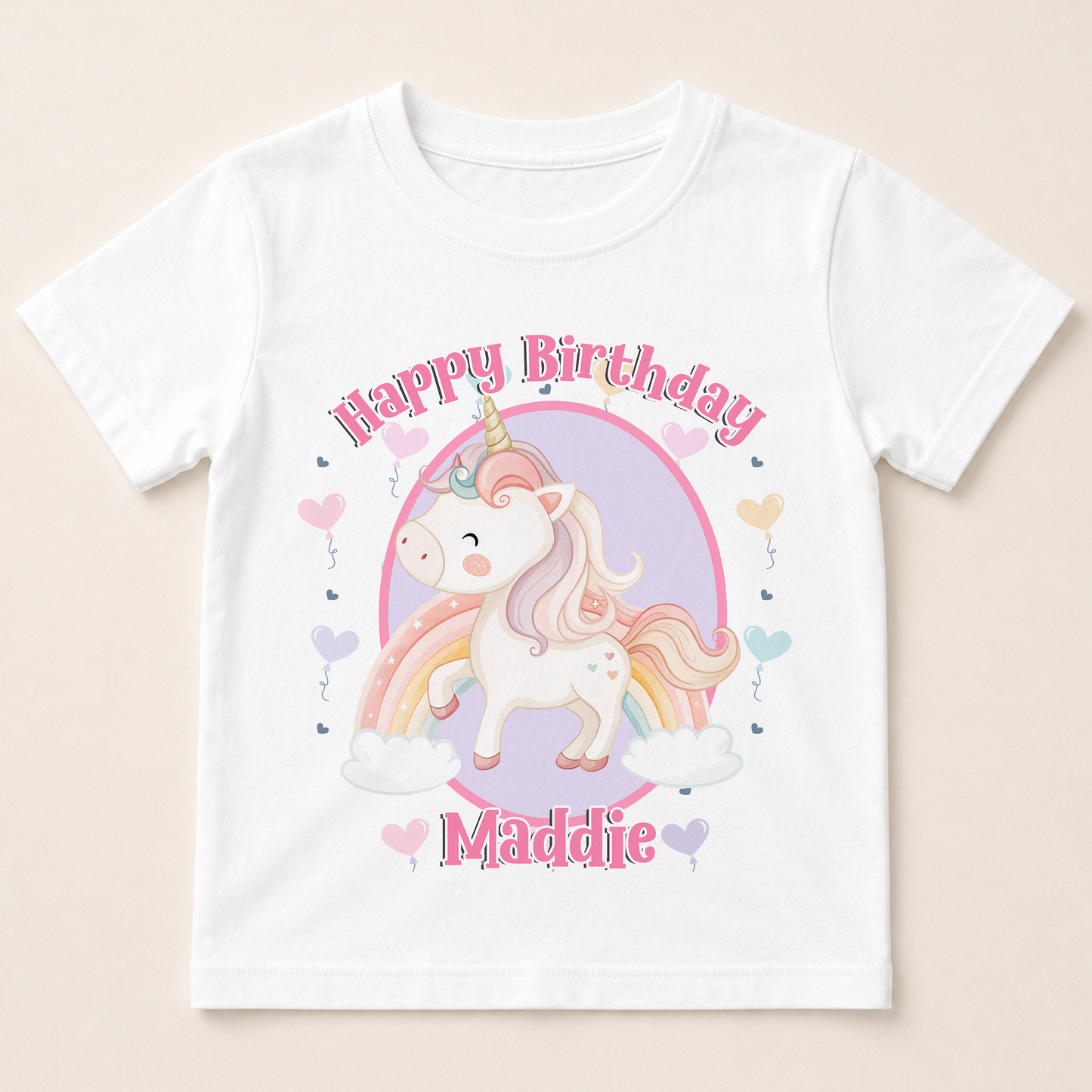 Personalised unicorn birthday t-shirt with pastel unicorn, heart balloons and custom name print on white cotton