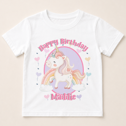 Personalised unicorn birthday t-shirt with pastel unicorn, heart balloons and custom name print on white cotton