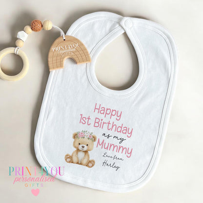 Personalised 'Happy 1st Birthday as my Mummy' vest with teddy bear and flower crown design and custom name