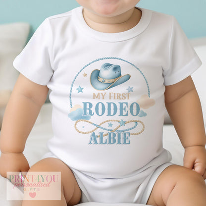 Personalised Baby Cowboy Outfit – Blue Cowboy Hat Vest & Sleepsuit Set | First Birthday Gift