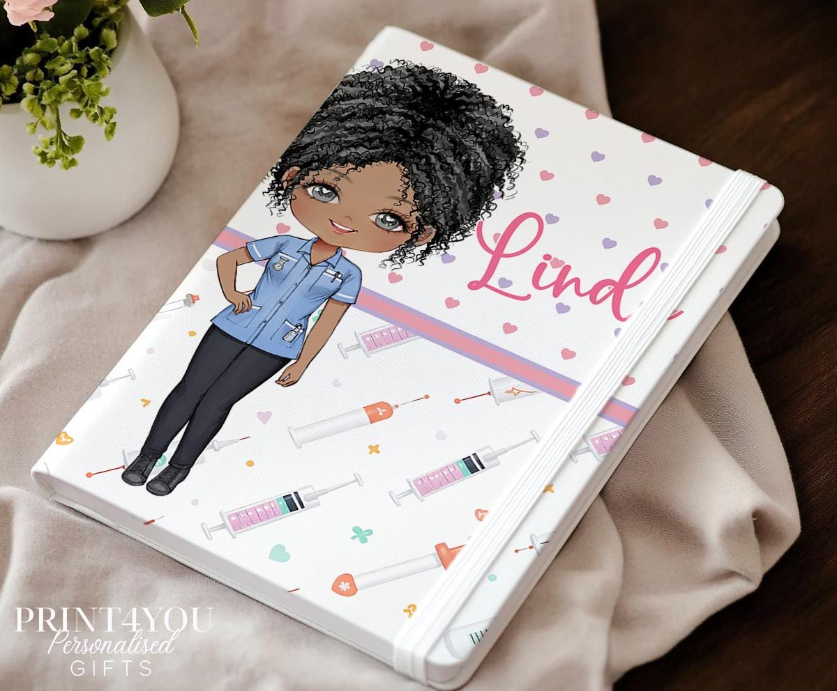Personalised nurse notebook, PU leather journal with Nurse 5 cute character design and custom name