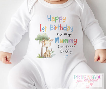 Personalised pastel giraffe vest with rainbow lettering, blue heart and baby's name.