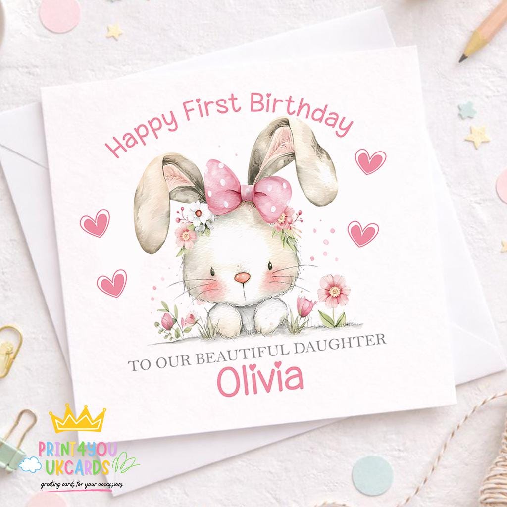 Front view of the bunny 1st birthday keepsake card for a daughter on a plain background.