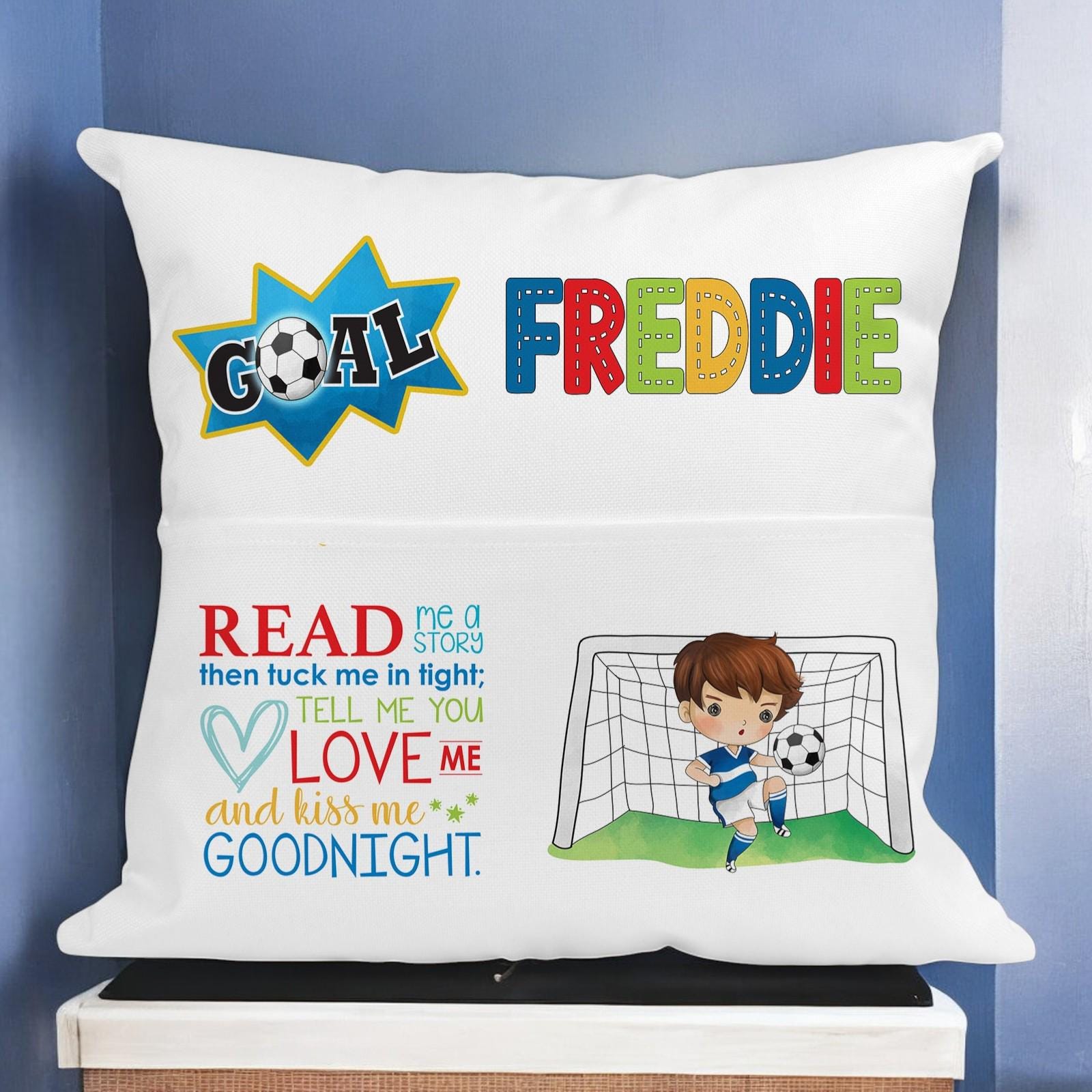 Personalised football cushion cover, 40x40cm, with book pocket and custom name