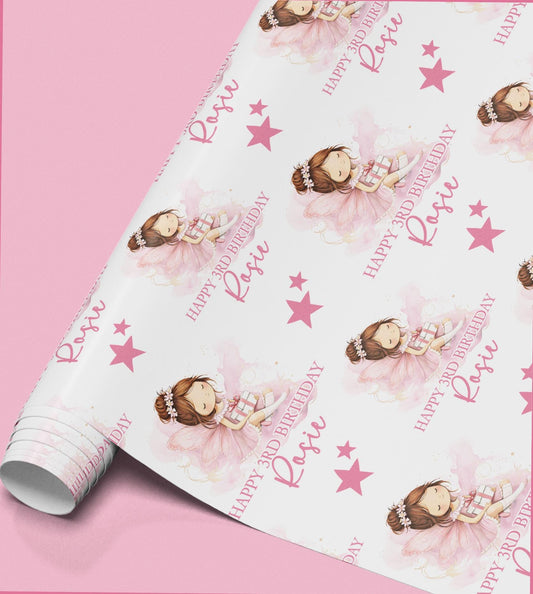 Roll of personalised pink fairy birthday wrapping paper with a crowned fairy, pink stars and 'Happy 3rd Birthday Rosie' custom name and age text.