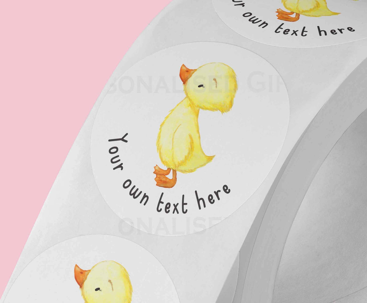 Personalised yellow duck stickers, glossy 5cm strips of three in a cello bag
