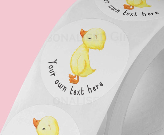 Personalised yellow duck stickers, glossy 5cm strips of three in a cello bag
