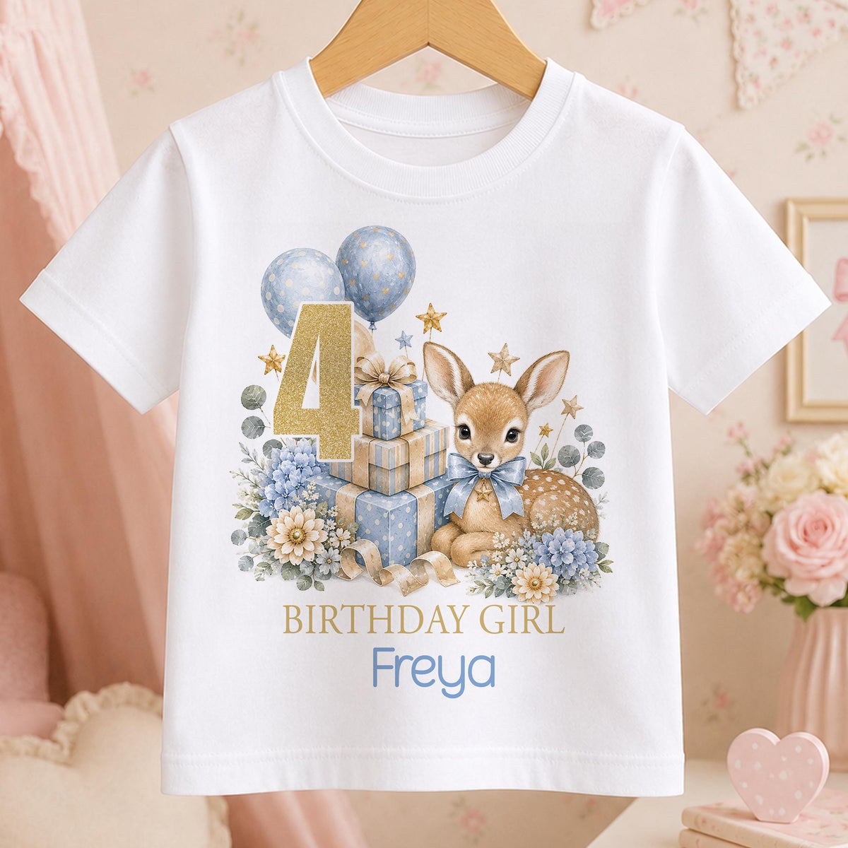 White cotton t-shirt printed with a watercolour fawn, blue balloons and gifts beside a gold age number, with Birthday Girl and a name below.