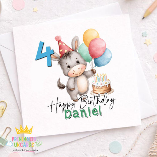 Square birthday card front featuring an illustrated grey donkey, personalised with a child's name and age