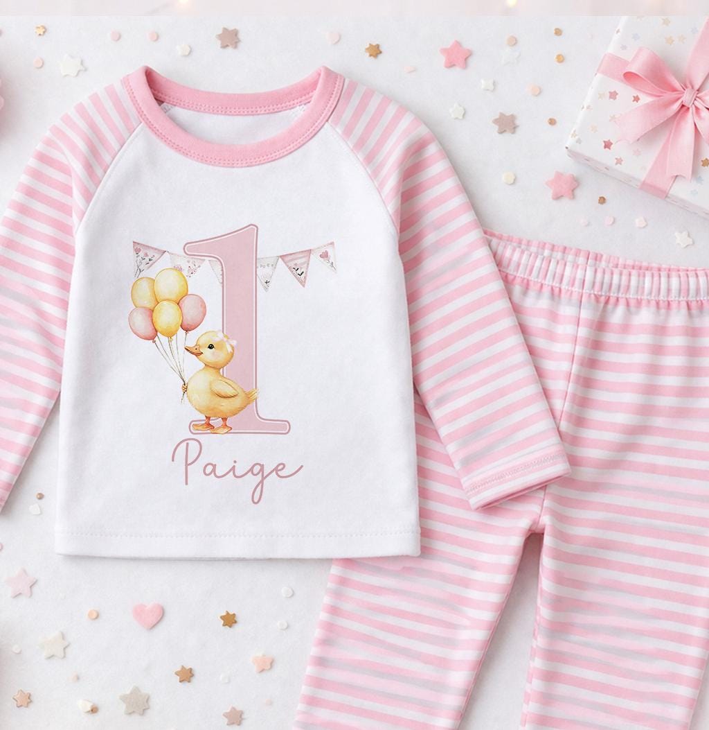 Personalised pink striped duck birthday pyjamas, printed with a custom name