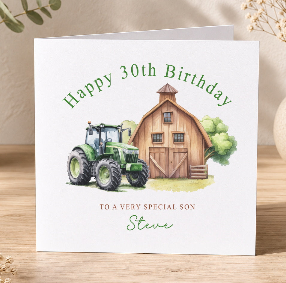 Personalised 30th birthday card featuring a green tractor driving past a rustic red barn under a country sky, with a personalised name and relation on the front.
