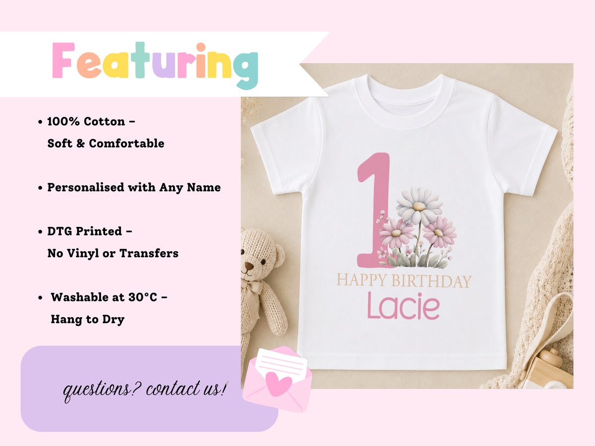Personalised pink floral first birthday t-shirt displayed with a teddy bear