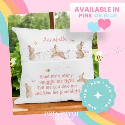 Close-up of the cute bunny design and bedtime rhyme on the book cushion