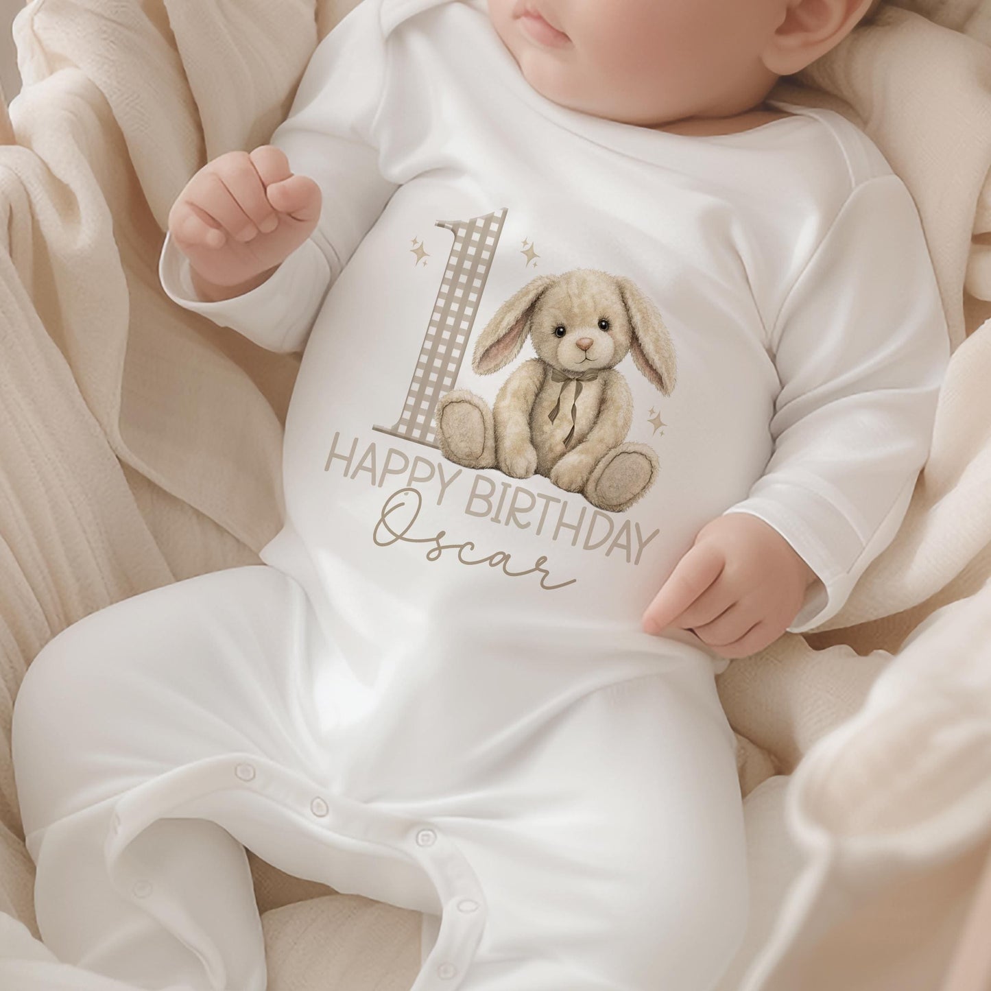 Close-up of the bunny birthday design personalised with a baby's name