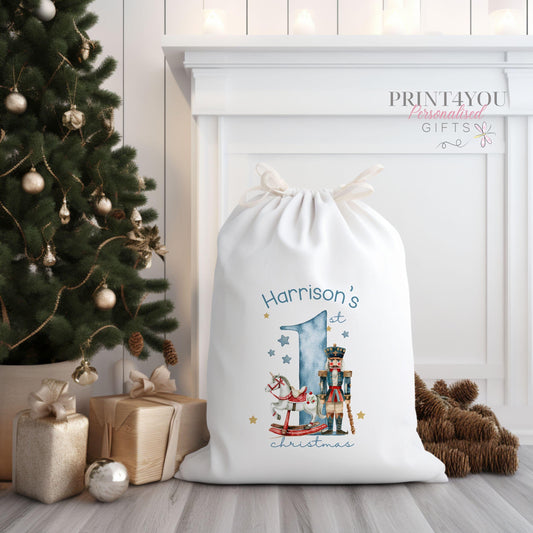 Personalised Blue Nutcracker Santa Sack – My First Christmas Gift Delivery - One side