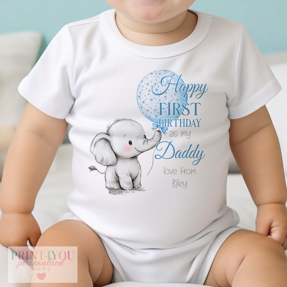 Personalised sleepsuit featuring blue elephant design, Happy First Birthday as my Daddy and baby's name