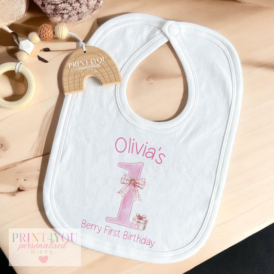 Personalised berry gingham bow first birthday outfit with baby's name and pink '1' printed on soft cotton