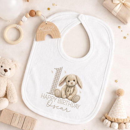 Baby wearing the personalised 1st birthday bunny vest for a cake smash photo