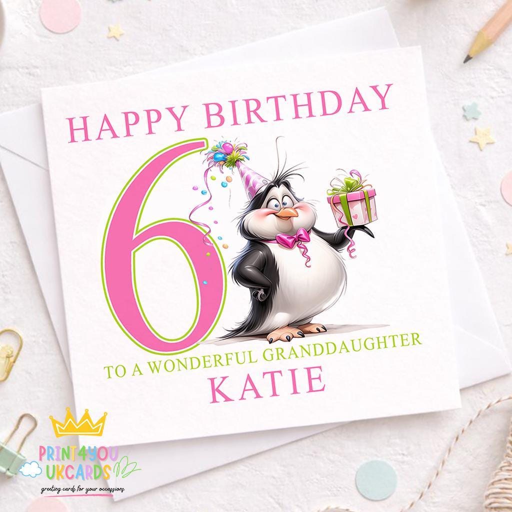 Personalised girls birthday card with cute pink penguin design