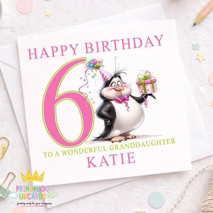 Personalised girls birthday card with cute pink penguin design