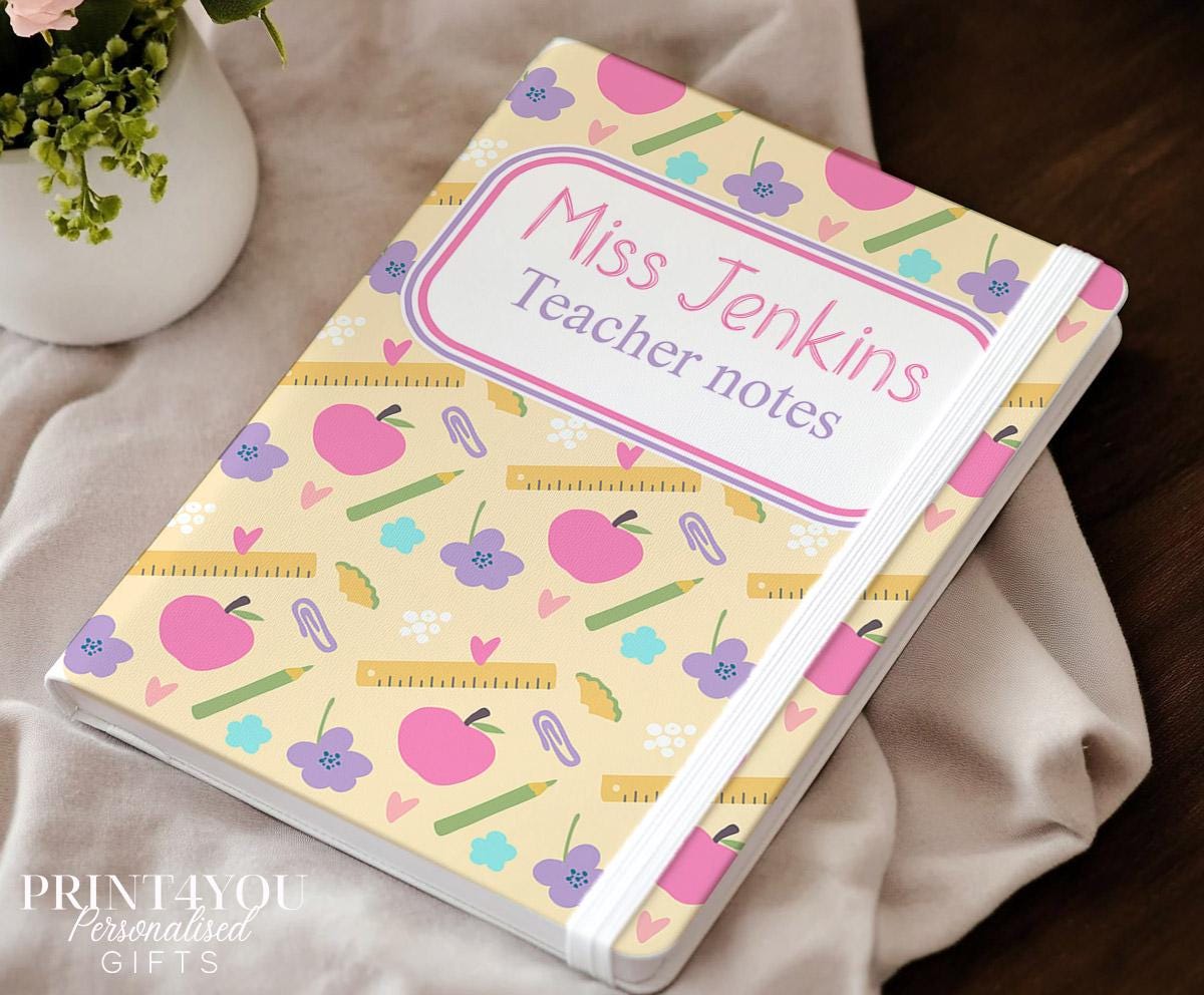 Personalised PU leather teacher notebook with apple and floral design