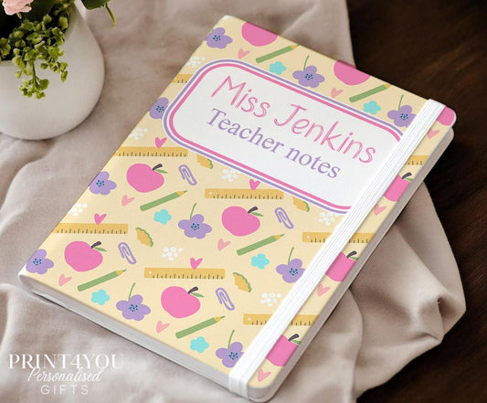Personalised PU leather teacher notebook with apple and floral design