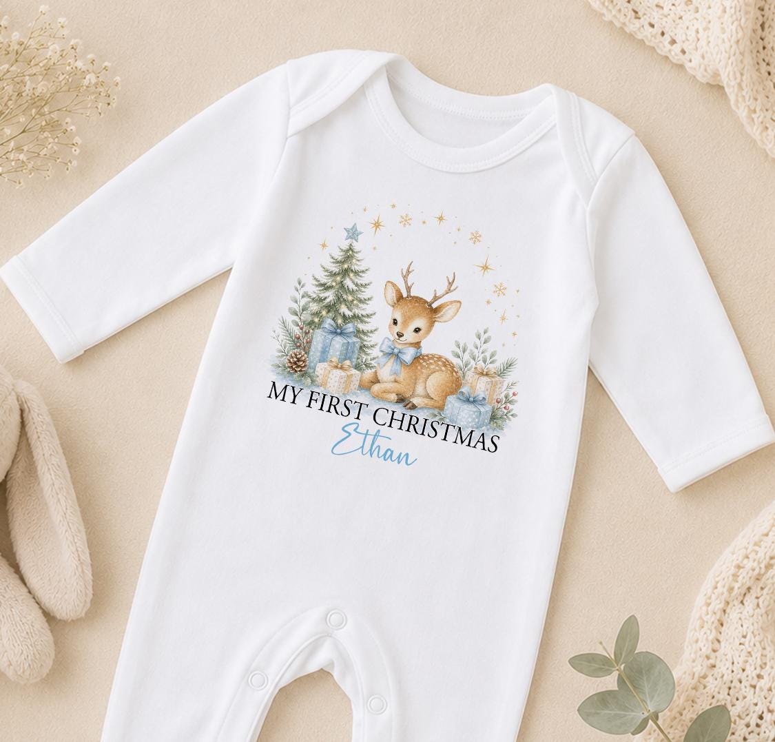 Personalised Baby Christmas Outfit, My First Xmas Reindeer Sleepsuit