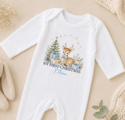 Personalised Baby Christmas Outfit, My First Xmas Reindeer Sleepsuit