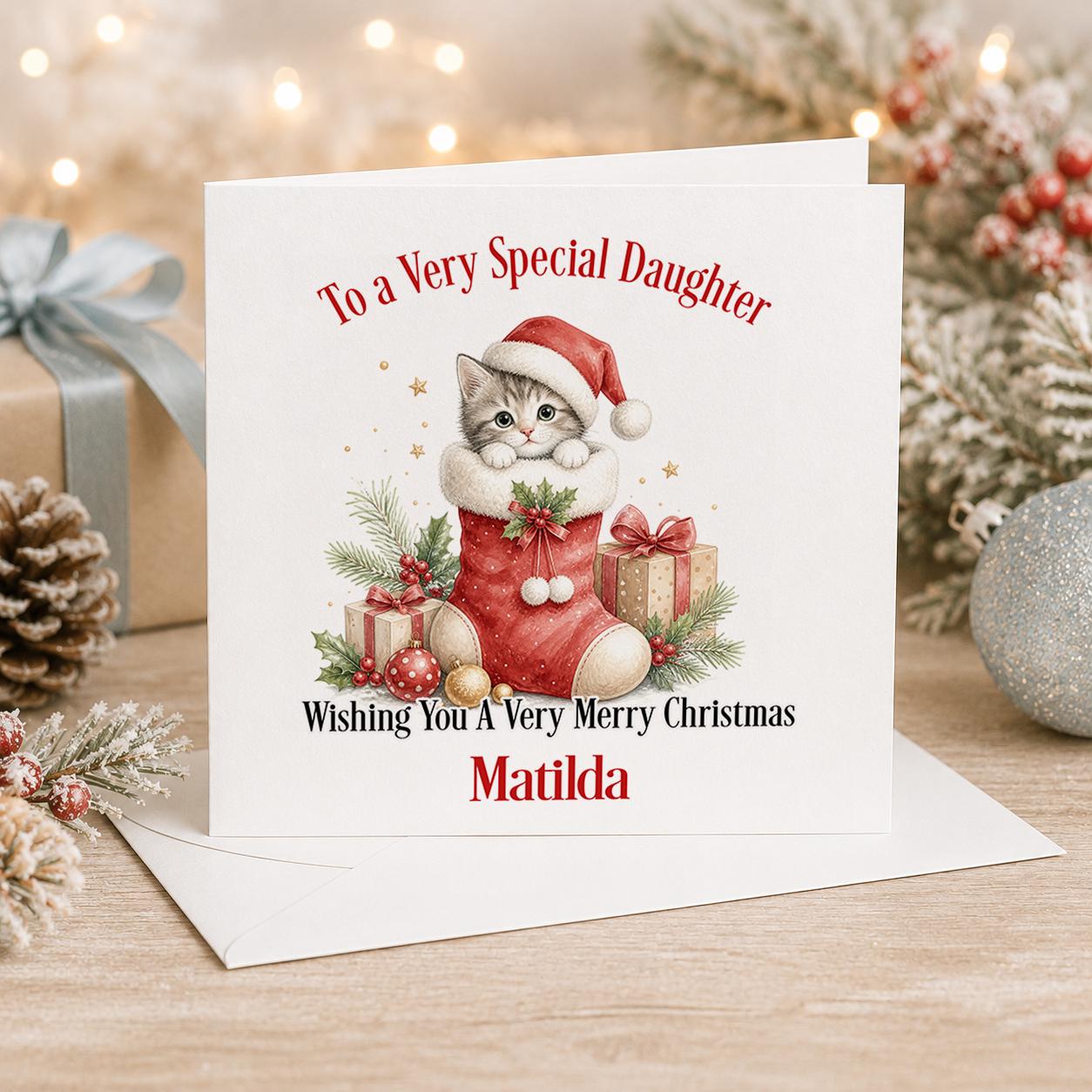 Personalised kitten Christmas card, white 6x6 inch square card printed with a kitten in a Santa hat in a red stocking with a name